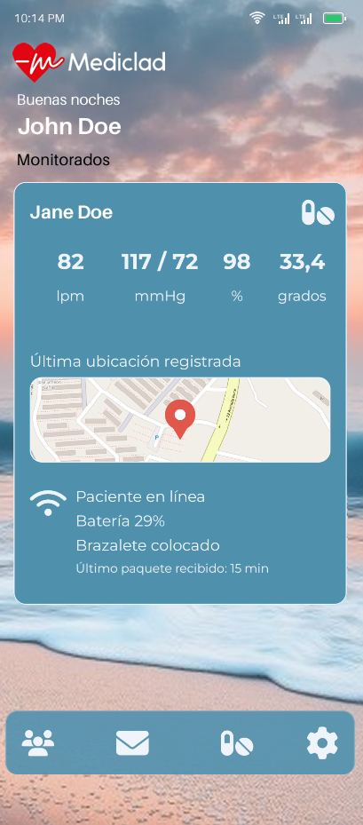 Pantalla de la aplicación Mediclad mostrando el pulso, la presión, el oxígeno en sangre y la temperatura de una paciente, junto con un mapa de su última ubicación conocida.